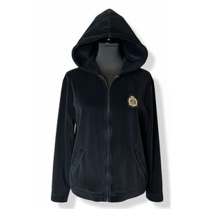 Vintage Lauren Ralph Lauren Black Velour Hoodie Track Jacket Gold Crest Size LG